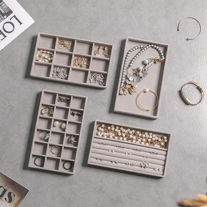 Frebeauty Jewelry Trays for Drawer,Set of 4 Jewelry Organizer and Storage | Velvet Material,Earring Holder Organizer,Stackable Jewelry Display for Vanity,Drawer Inserts for Rings,Studs,8.3×4.9 inch