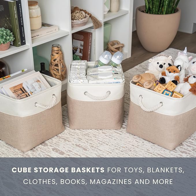 OrganiHaus 11x11 Cube Storage Bins 4 Pack, Foldable Cube Storage Organizer w/ Rope Handles, Collapsible Fabric Bins for Toys, Clothes & Closet Organization, Fabric Square Baskets - Beige/White