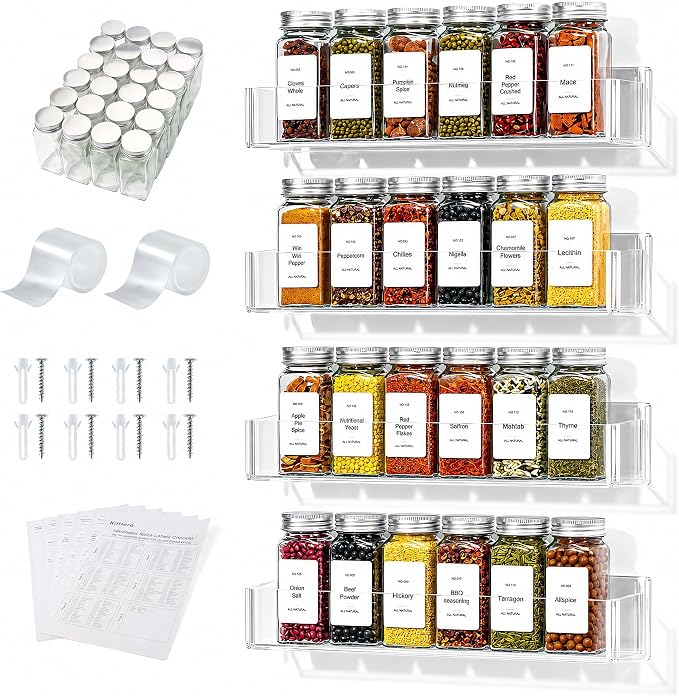 4-Tier Acrylic Wall Mount Spice Rack, Spice Organizer with 24 Glass Jars, 216 Labels & Funnel, Adhesive & Screw Mount Clear Spice Storage for Kitchen Pantry Cabinet, 12”W x 2.2”D x 2.4”H