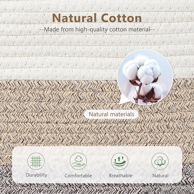 ECDYQXVU 15x10x9 Woven Cotton Rope Storage Basket, Leather Handles 1 Pack | Foldable Design, Sturdy PU Handles, Easy to Clean Organizer for Living Room, Closet, Shelves, Bedroom, Laundry, Clothes
