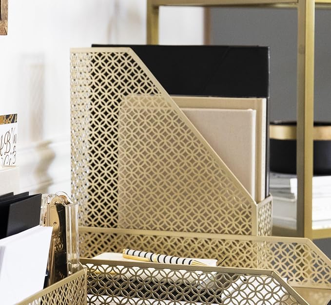 BLU MONACO | Gold Metal Magazine File Holder | Decorative Vertical File Organizer & Book Holder for Desk, Shelves & Office | Stylish Paper Organizer & Workspace Storage
