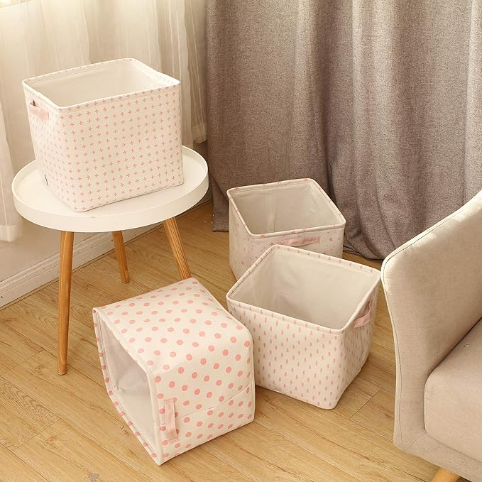 Sea Team Collapsible Canvas Fabric Storage Basket with Handles, Square Storage Box, Cube, Foldable Shelf Basket, Closet, Desk Organizer for Nursery, Home, Office (Pink, Set of 4)