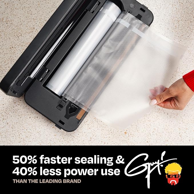 Guy Fieri's Flavortown Compact Vacuum Sealer, Dry & Moist Modes | Built-In Roll Storage, Includes 5 Quart Bags, 10ft Roll & Accessory Hose