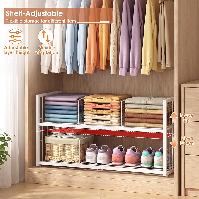 Hongtamoya Stackable Closet Storage Shelf with Adjustable Divider | Closet Organizer and Storage Container for Clothe, Jean Pant Shirt Sweater Purse Shoe, Use in Bedroom RV Closet System, White