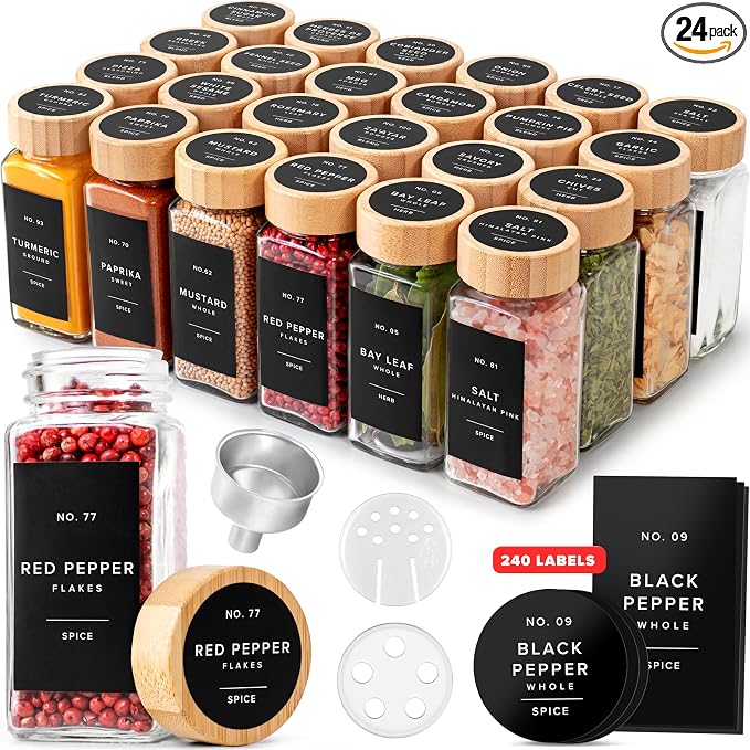 EDELHAUS Glass Spice Jars with Label, 24x Bamboo Wooden Lids - Black Labels | Airtight Lids keep spices fresh, Kitchen Spice Drawer Organizer, 4oz Seasoning Containers incl. Funnel, Brush & 240 Labels