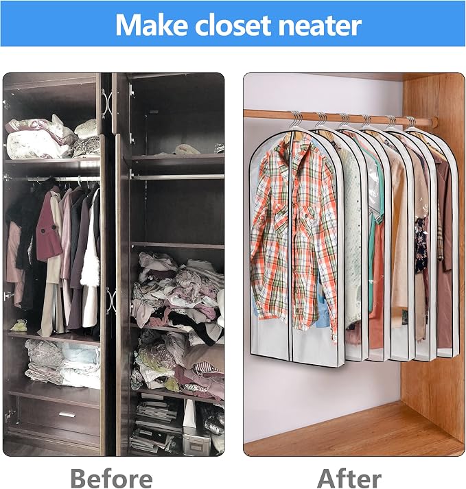 Mskitchen Hanging Clothes Storage with 4" Gusseted Garment Covers (Set of 6) - Clear Suit, Dress, Sweater, Shirt Protectors - 24"x 40"x 4" / 6 Pack