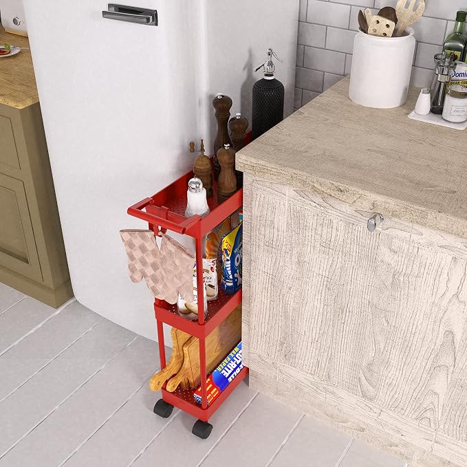 Simple Houseware 3-Tier Slim Rolling Cart w/Handle 5.5" Wx27.5 H, Red | Storage Cart for Narrow Space (5.5-Inch Wide) Kitchen, Bathroom, Laundry Room