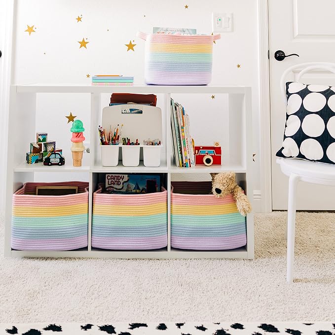 OrganiHaus Pastel Rainbow Cotton Rope Baskets for Shelves, Set of 3 - 15"×10"×9½" - Colorful Storage Baskets for Kids - Nursery, Playroom, Classroom - Toy Storage, Books, Towels