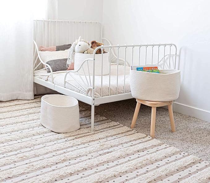 Off-White Cotton Rope Baskets for Shelves, Set of 3 - 15"×10"×9½" - Woven Storage Baskets for Organizing - Closet, Nursery, Bedroom, Playroom - Toys, Books, Towels, Clothes