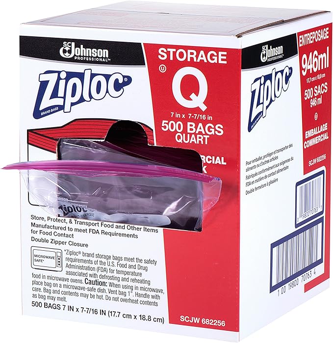 SC Johnson Professional, Ziploc Storage Bags, For Food Organization and Storage, Double Zipper Seal, Easy-Open Tabs Quart, 500 Count (Pack of 2)