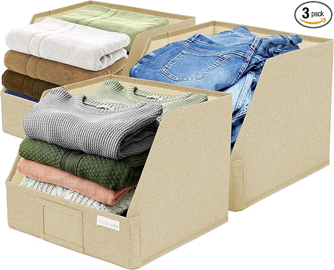 VIVIDECOR Trapezoid Storage Bins – 3-Pack Closet Shelf Organizer & Baskets, Open Front Bin for Shelves, Foldable Fabric Basket for Clothes, Cube Storage Bins, Towel, Clothing Shelf (Beige, 3 Pack)