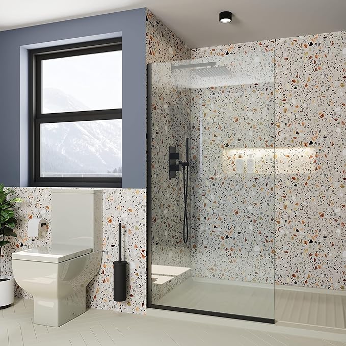 Royalty Fixed Shower Screen - 24" x 76" Frameless 3/8" Clear Tempered Glass Panel with Hardware - Easy Clean Smart Guard Coating - Minimalist Modern Design for Bathroom - Matte Black