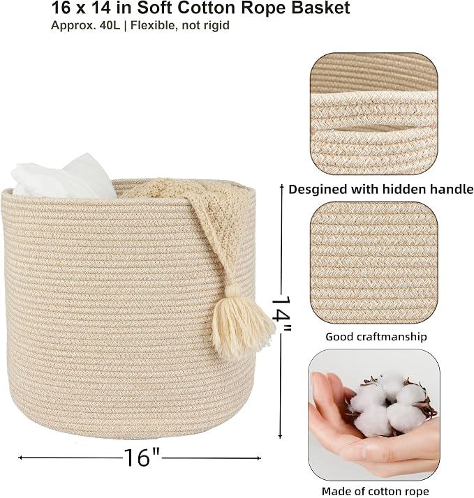 XUANGUO Cotton Rope Woven Basket, 16x14 in Kids Laundry Basket, oatmeal | Round blanket basket and small laundry basket; baby hamper or nursery storage bin for girls, boys, toys, clothes and shoes