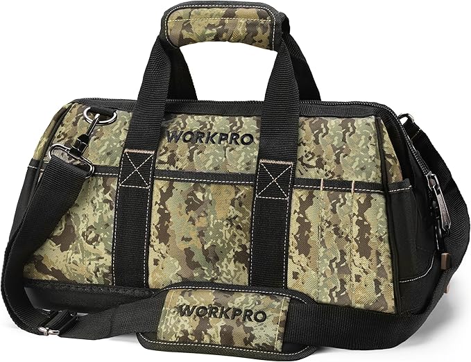 WORKPRO 16-Inch Wide Mouth Tool Bag with Water Proof Molded Base | Multi-Pocket, Heavy Duty Cloth, Adjustable Shoulder Strap, Double-pull Zipper, For Workshops, Outdoor Projects