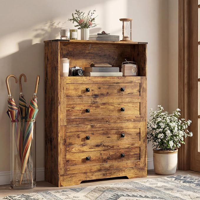 HOMCOM Shoe Cabinet with 2 Flip Drawers, Narrow Shoe Storage Cabinet with Adjustable Shelves and Open Shelf, Farmhouse Storage Organizer for Entryway, Hallway, Holds 12-16 Pairs, Rustic Brown