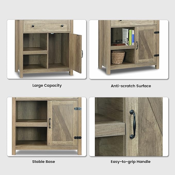 CONSDAN Storage Cabinet, Multifunction Accent Cabinet, Modern Storage Shelving Cabinet, 2-Tier Shelving Organizer & Top Drawer, Grey