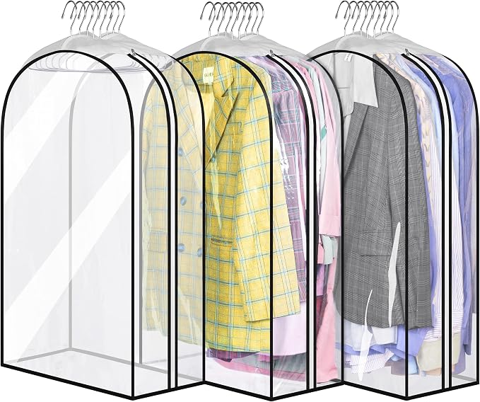 MISSLO 32" All Clear Garment Bags for Hanging Clothes 10" Gusseted Suit Bags for Closet Storage Suit Cover Hanging Clothes Storage for Shirts, Coats, 3 Packs