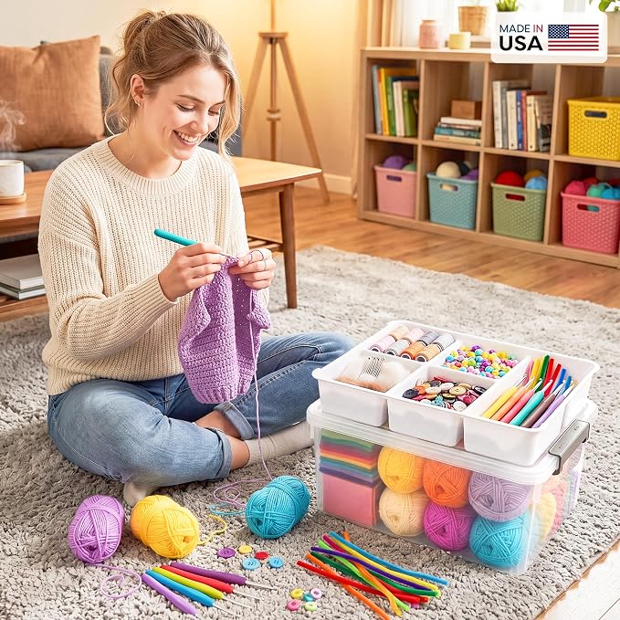 Citylife 17 QT Plastic Storage Box with Removable Tray Craft Organizers and Storage Clear Storage Container for Organizing Bead, Tool, Sewing, Playdoh, Coloring Books, Markers