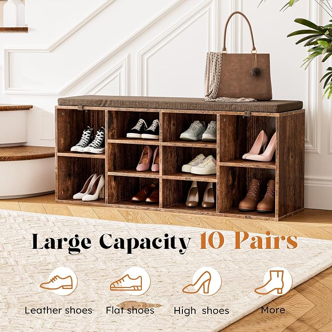 41" Shoe Storage Bench with Cushion, Entryway Shoe Rack with 10 Cubbies, Multifunctional Shoe Organizer Bench for Hallway, Bedroom, Living Room, Brown