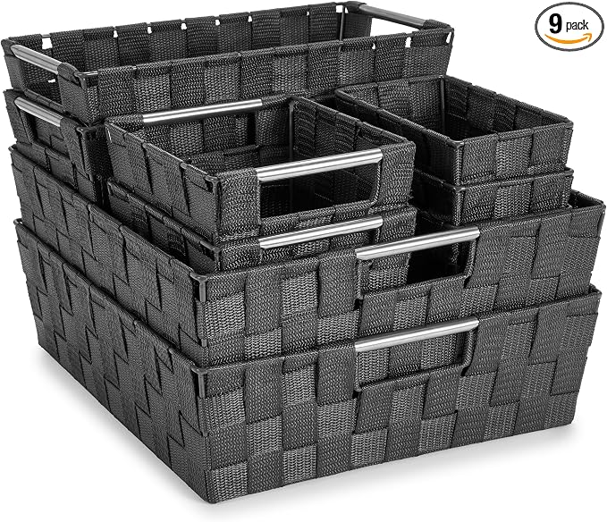 Sorbus Set of 9 Woven Storage Baskets – Mesh Hand-Woven Baskets for Organizing, Fabric Storage Bins for Linen Closet Organizer, Storage Baskets for Shelves, Home Organization and Decor (Gray)