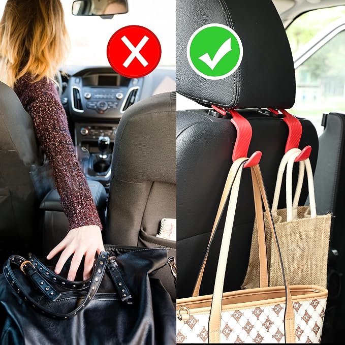 Car Seat Headrest Hook Universal Vehicle Seat Hook Hangers Interior Storage Organizer for Purse Handbag Coats Umbrellas Grocery Bags 4 Pack Red