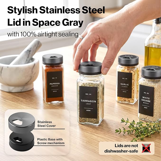 EDELHAUS Glass Spice Jars with Label, Space Gray Sprinkle Lids (24 x 4oz) | Airtight Lids keep spices fresh, Kitchen Spice Drawer Organizer, 4oz Seasoning Containers incl. Funnel, Brush & 240 Labels