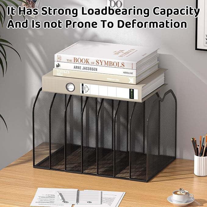 FANXIYQ Black 7-Section File Folder Organizer for Desk, Metal Vertical File Holder Stand, Desktop File Organizer Rack for Letter/A4 Folders, Papers, Books, Office Classroom Home