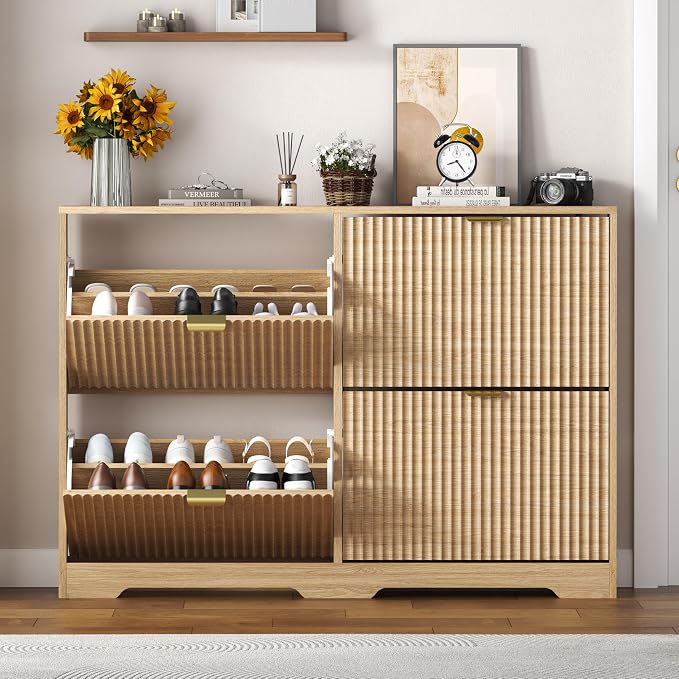 HUANLEGO Shoe Cabinet Storage for Entryway with 4 Flip Drawers, Oak Fluted Shoe Cabinet with Adjustable Shelves, Wooden Hidden Shoes Rack Freestanding Narrow Slim Shoes Storage for Hallway, Entrance