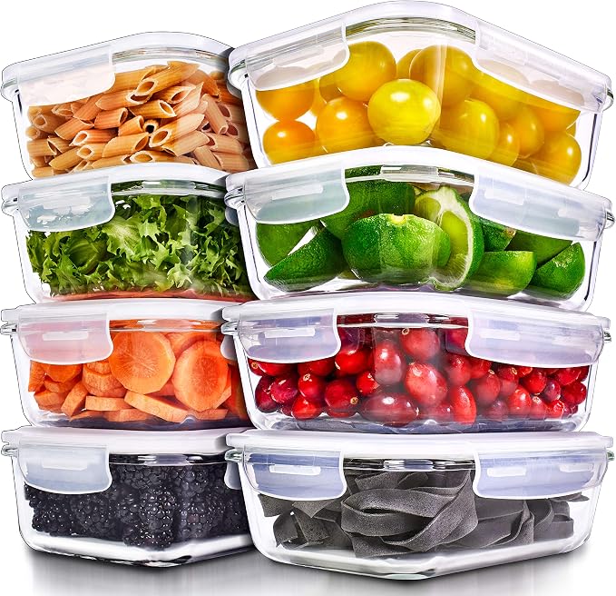 PrepNaturals 8 Pack 36 Oz Glass Meal Prep Containers - Dishwasher Microwave Freezer Oven Safe - Glass Storage Containers with Lids (Multi-Compartment) | Square Borosilicate Glass Meal Prep Containers - Airtight Leak-Resistant Lids, Microwave, Oven & Fr...