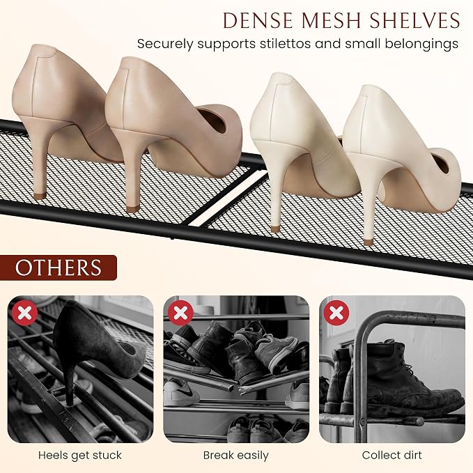 Wooden 4-Tier Shoe Rack, Free Standing Shoe Storage Organizer with Wood Legs and Metal Mesh Shelves, Shoe Shelf for Entryway, Closet, Hallway