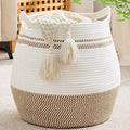 KAKAMAY Large Cotton Rope Woven Basket for Storage (17"x17"), Collapsible Laundry Hamper for Baby, Blanket Basket for Organizing Living Room, Nursery, Clothes, Toy Chest, Brown Stripes