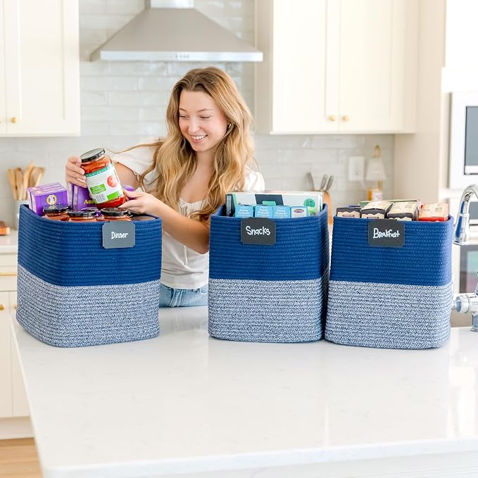 NaturalCozy 13x15x13 Kallax Storage Cubes Bins, 3 Pack | Cotton Rope Cube Storage Bin Woven Baskets for Organizing | Kallax Insert Storage Baskets for Shelves Organizer, Kids Toy, Closet Baby Nursery