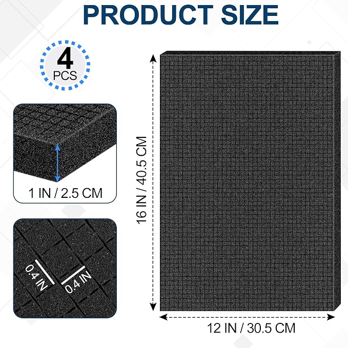 4 Pcs Pick and Pluck Foam Sheets 16" L x 12" W x 1" T Polyurethane Pick Apart Foam Inserts Pads with Bottom Use for Camera, Interlocking Case, Tool Box, Board Box, Storage Drawer, Black