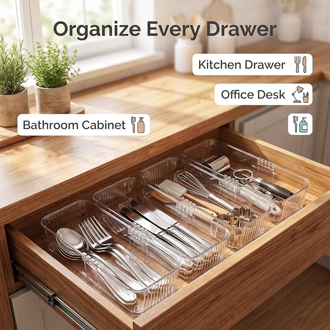8-Piece Kitchen Storage and Organization Set | Expandable Drawer Organizer Bins and Stackable Storage Containers for Cabinet, Pantry,Refrigerator,Clear Plastic Adjustable
