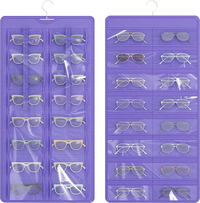 Hanging Sunglasses Organizer and Storage, 32 Slots Jewelry Holder, Purple | Protect eyewear from dust with double-sided clear compartments; roof design hangs on wall, door or closet for home/RV travel.