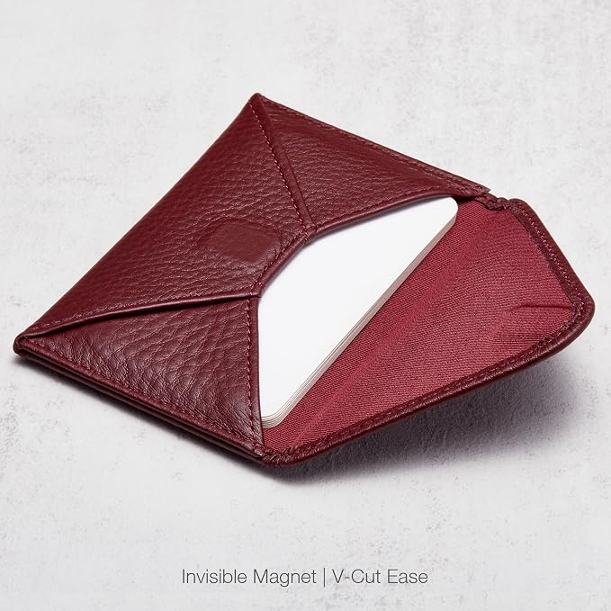 HISCOW Italian Pebbled Leather Business Card Holder, Minimalist Full Grain Envelope Card Case with Hidden Magnetic Closure, 0.19 Inch Slim Front Pocket Wallet for Men and Women, Bordeaux
