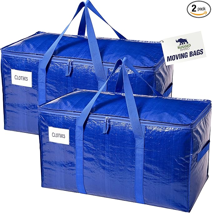 RUGGED RHINO Heavy Duty Extra Large Blue Moving Bags, Durable Bag with Strong Handles and Zipper, Moving Boxes Alternative for College Packing, Holiday Décor, Space Saving Storage with Label, 2 Pack
