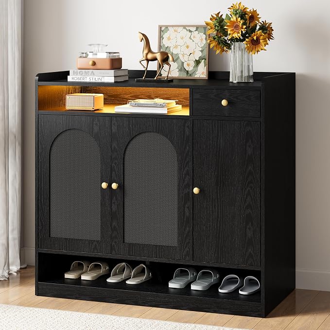 LIKIMIO Rattan Shoe Storage Cabinet, 30 Pairs 6-Tier Shoe Cabinet Storage for Entryway with LED Light, Drawer & Doors, Adjustable Shelves, Shoe Rack Organizer for Hallway, Living Room, Black