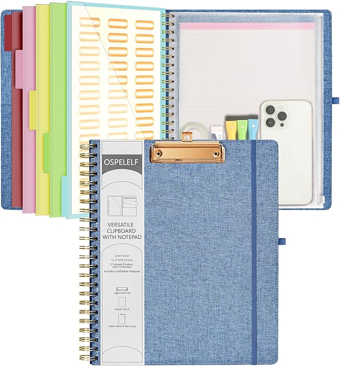 Ospelelf Foldable Spiral Clipboard Folio with Storage Zipper Pouch, 5 Plastic Folders with 10 Pockets, Refillable Lined Notepad (11" x 8.5"), Linen Hardcover Project Organizer(Haze Bule)
