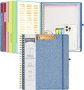 Ospelelf Foldable Spiral Clipboard Folio with Storage Zipper Pouch, 5 Plastic Folders with 10 Pockets, Refillable Lined Notepad (11" x 8.5"), Linen Hardcover Project Organizer(Haze Bule)