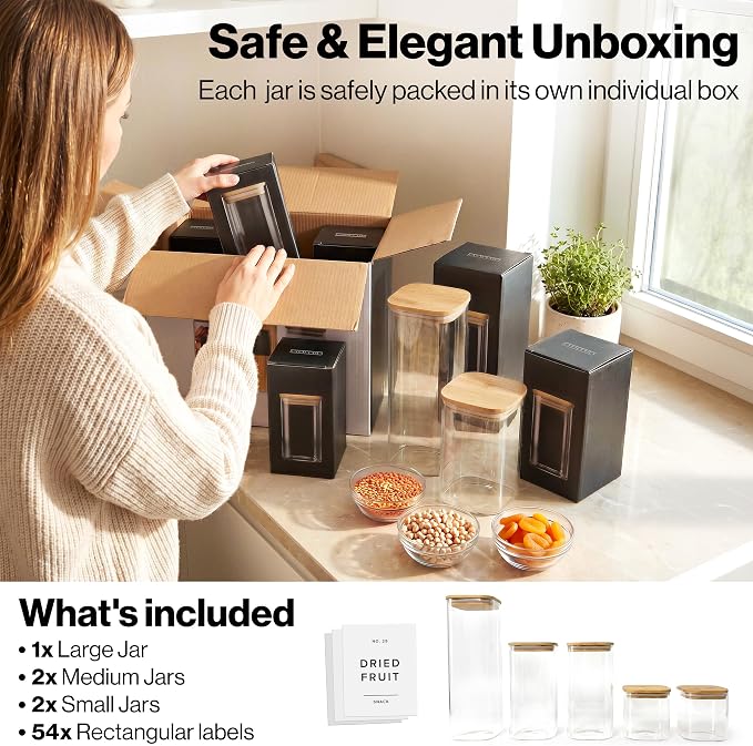 Glass Pantry Storage Jars Containers with Bamboo Lids and Labels - Set of 5 | Extra Thick Square Glass Canisters with Bamboo Wood Lids and 54 Pre-printed Pantry Labels keeps dry Goods Fresh and Organized
