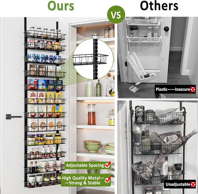 Churboro Over the Door Pantry Organizer Rack with 12 Adjustable Baskets, 12 Tiers Dual-use Spice Rack- Hanging or Wall Mount Spice Rack, Pantry Door Organizer, Black