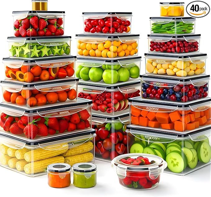 AISOON 40 Pcs 85oz Large Food Storage Containers with Lids (20 containers & 20 lids), Stackable Airtight Leakproof BPA-Free Reusable Meal Prep Containers, Freezer Microwave Dishwasher Safe