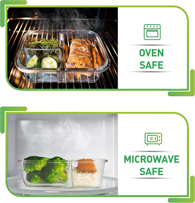 PrepNaturals 4 Pack 34 Oz Glass Meal Prep Containers - Dishwasher Microwave Freezer Oven Safe - Glass Storage Containers with Lids (Multi-Compartment) | Borosilicate Glass Meal Prep Containers - Airtight Leak-Resistant Lids, Microwave, Oven & Freezer S...