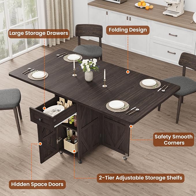 Space Saving Folding Dining Table for 2-4, Farmhouse Foldable Dining Table with Drawer and Storage Shelf, 6 Wheels Drop Leaf Kitchen Dining Room Table for Small Space (Walnut 47.2" x 23.6" x 29.5")
