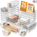 KEMETHY 25 PCS Plastic Drawer Organizers Set, 4 Sizes Vanity Organizer, Makeup and Desk Drawer Organizer Trays, Organization and Storage for Makeup, Bathroom, Kitchen Utensils and Office (Clear)