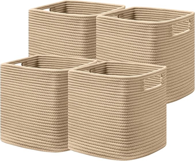 UBBCARE Set of 4 Storage Basket-12 X 12 X 12 in, Cotton Rope Basket for Shelves, Toys, Book, Cube Storage Bins with Handles, Woven Storage Basket for Organizing, Brown