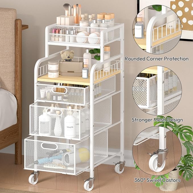 SWTYMIKI Rolling Cart with Drawers - Metal Craft Cart with Wheels, DIY Divider and Wood Shelf, Art Supply Organizer Craft Organizer and Storage, Utility Storage Cart for Home Office Studio, White