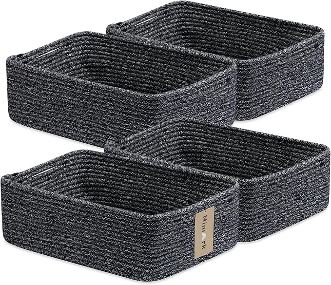 MiniArk Large Shallow Organizing Baskets 15x11x5.1 Inches - Rope Woven Storage Bins for Bathroom, Shelves, Cube Closet, Mixed Black 4 Packs