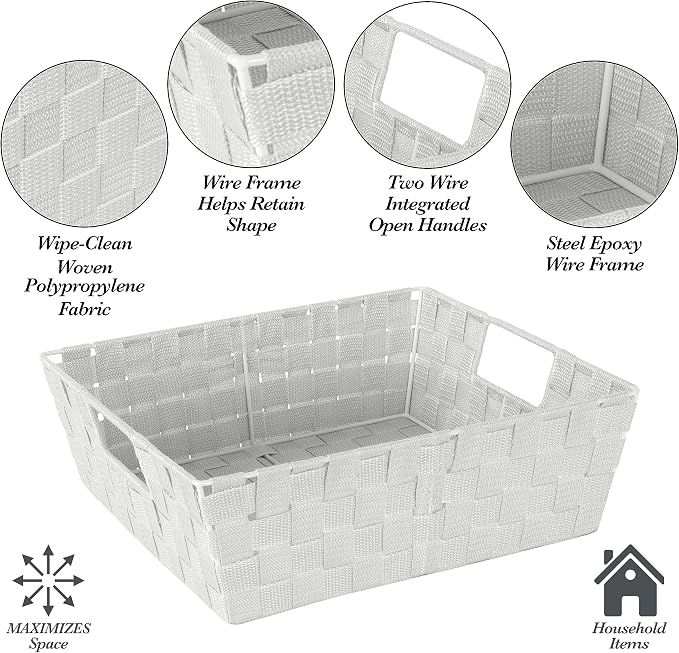 Simplify Large Shelf Woven Strap Tote | Decorative Storage Basket | Built in Handles | Organization | Closet | Bedroom | Bathroom | Nursery | Accessories | Toys | Gifts | 2 Pack | Heather Grey
